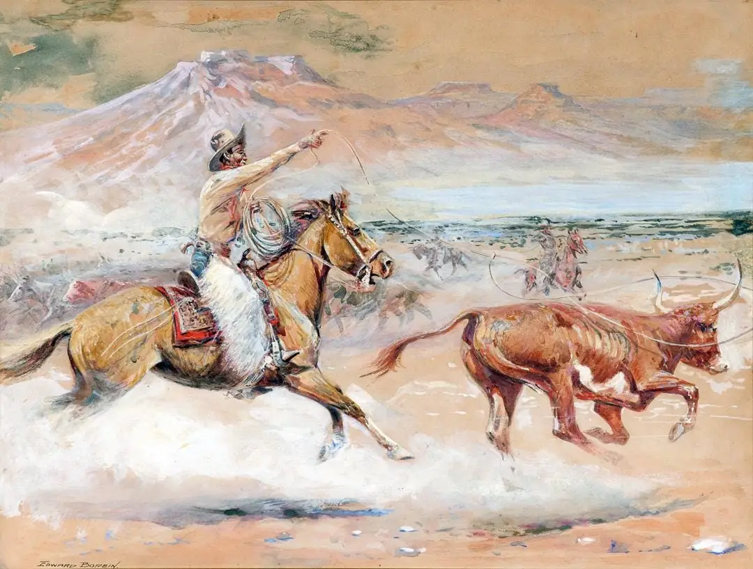 Borein Cowboys Roping a Steer Mountains