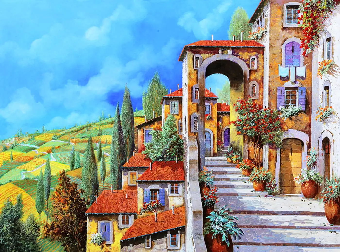 Italy Tuscany Archway Village Garden Vineyard Cypress View