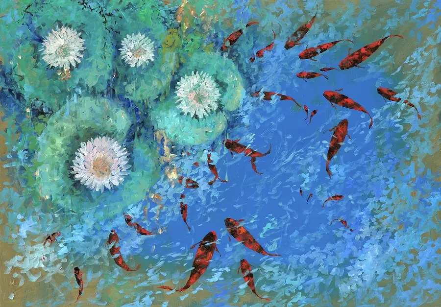 Pond with Koi Fish, Lily Flowers