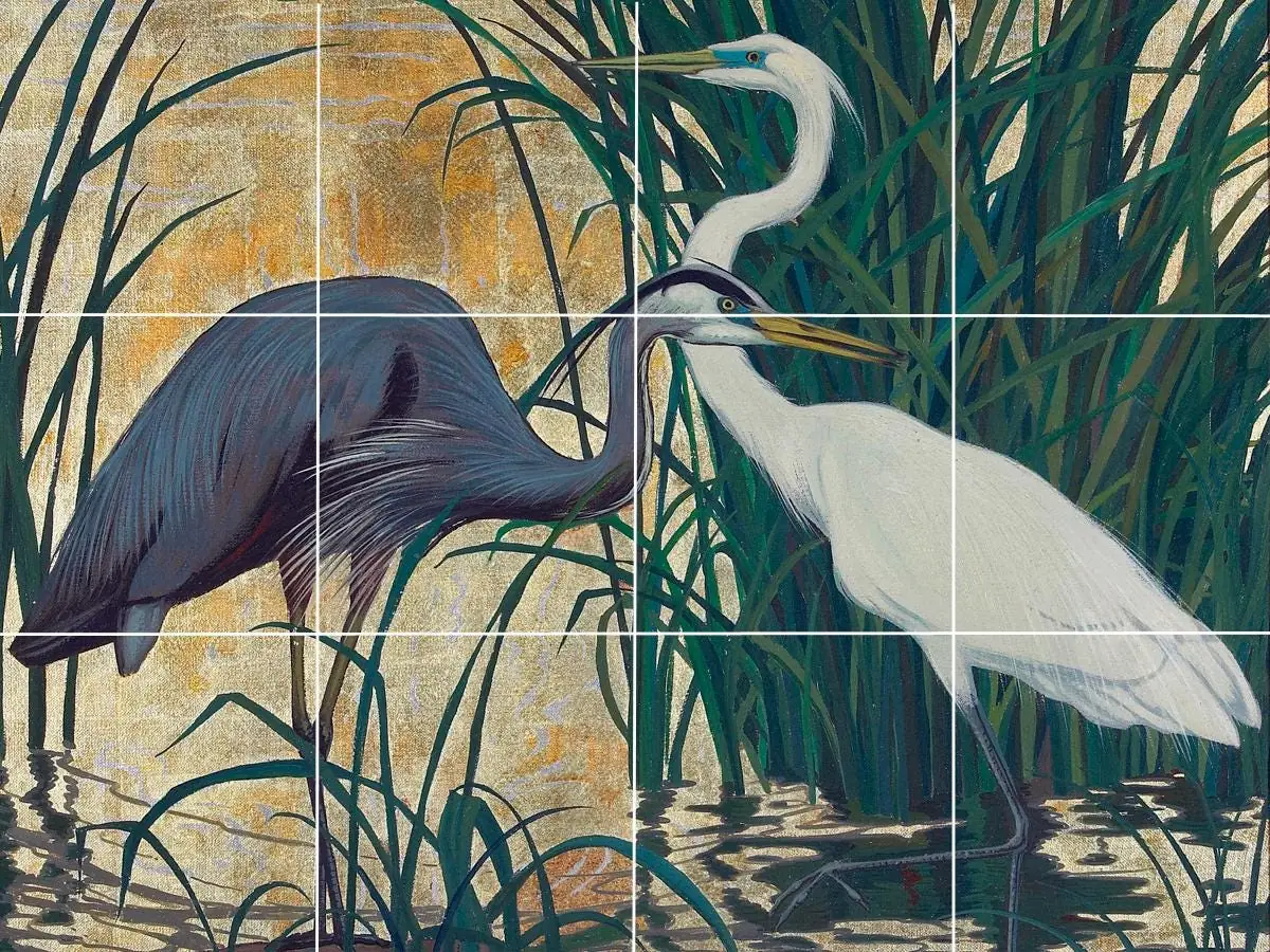 A Great Blue Heron and a Egret Birds in Marsh