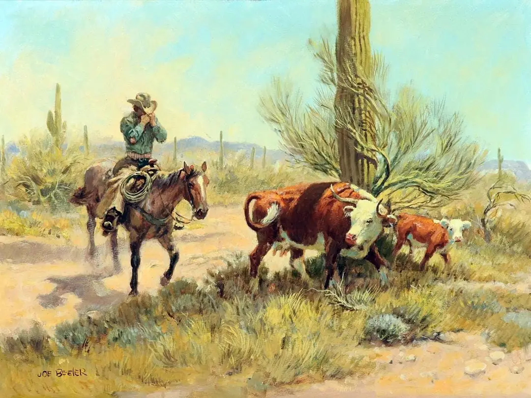 Cowboy with Cow and Calf in Desert