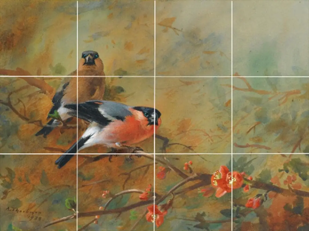 Bullfinches Pyrus Japonica Birds Cherry Blossom ceramic tile mural
