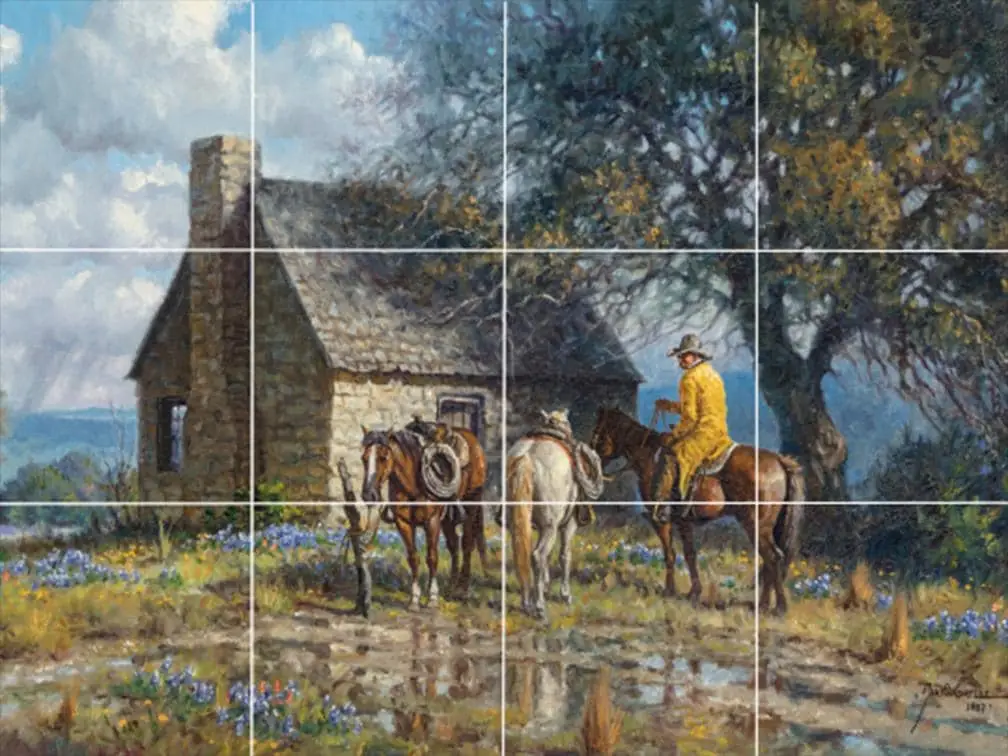 Cowboy in Spring with Horses Near Log Cabin