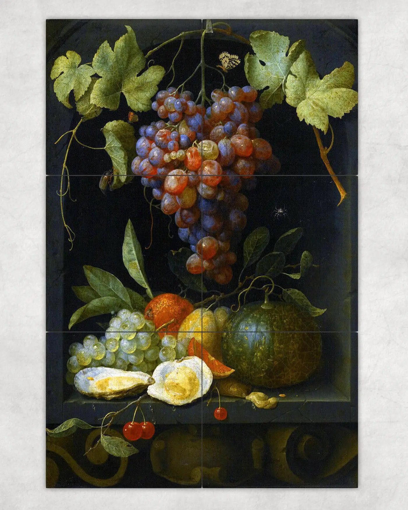 Still Life Grapes Melon Plums Oysters in a Stone Niche