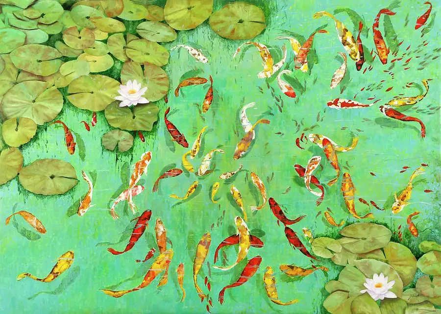 Koiscape Carp Koi Fish in Pond Garden with Lily Flowers