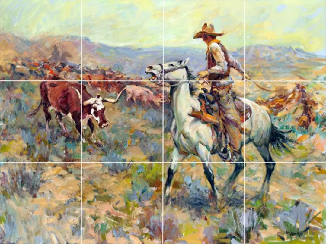 Cattle Drive West Country Cowboys Western Hoffman ceramic tile mural
