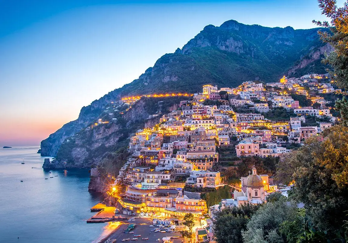 Sunset View of Positano Village at Amalfi Coast Italy