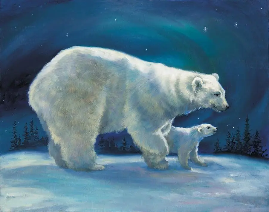 Polar Bear and Cub in Starry Night Northern Light
