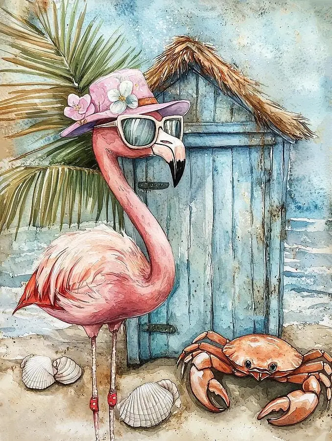 Beach Vibes, Flamingo, Crabs, Seashells, Hut