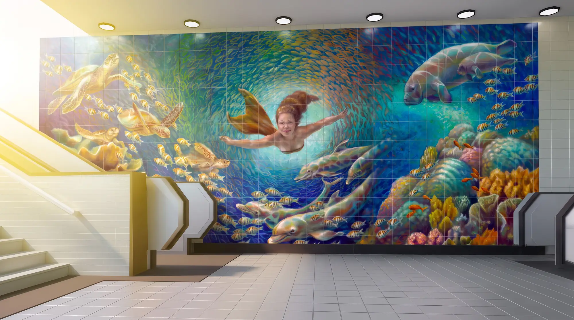 Mermaid, dolphins and manatees tile mural on a subway stairway wall