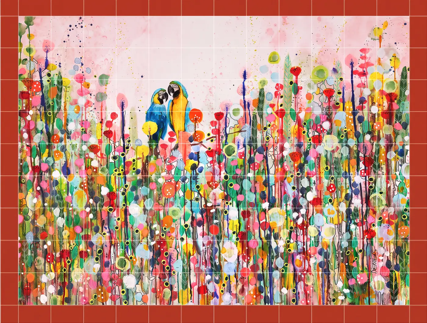 Parrots and wildflowers tile mural with a bullnose tile frame