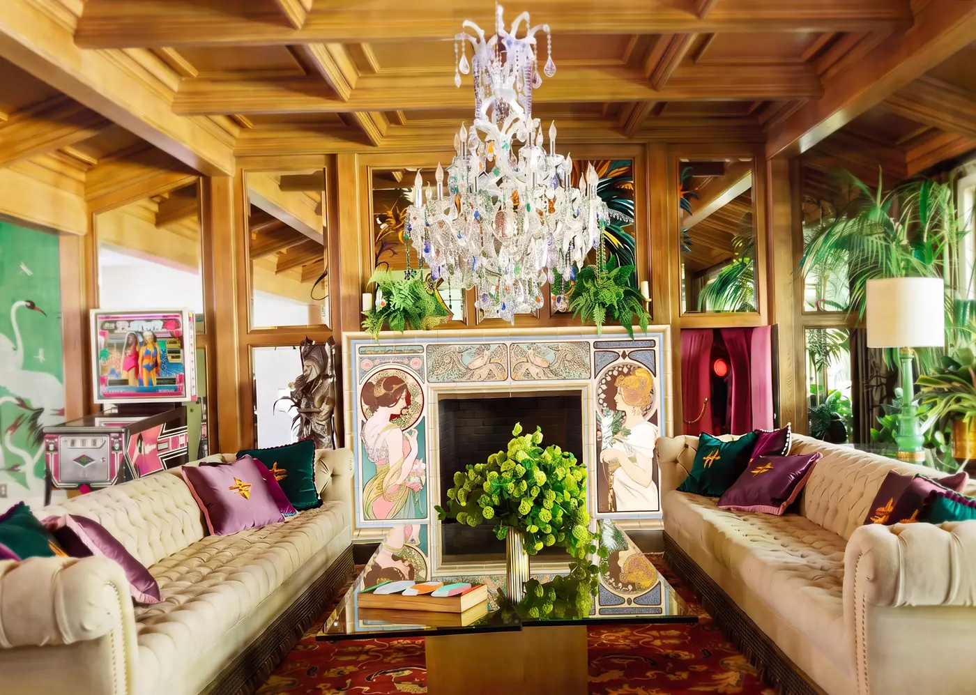 Art nouveau tile mural fireplace surround in a living room