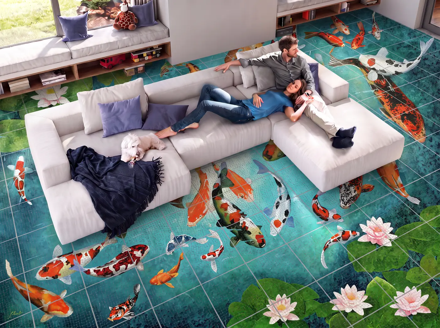 Koi pond tile mural covering a living room floor