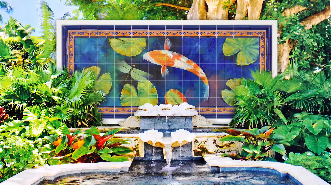 Koi fish tile mural on a garden fountain wall