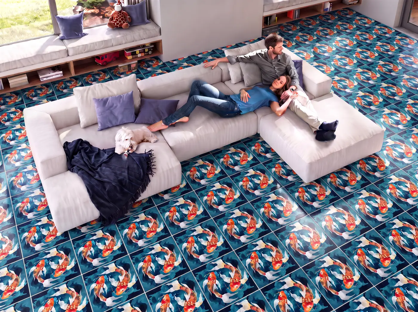 Koi pattern ceramic tiles on a living room floor