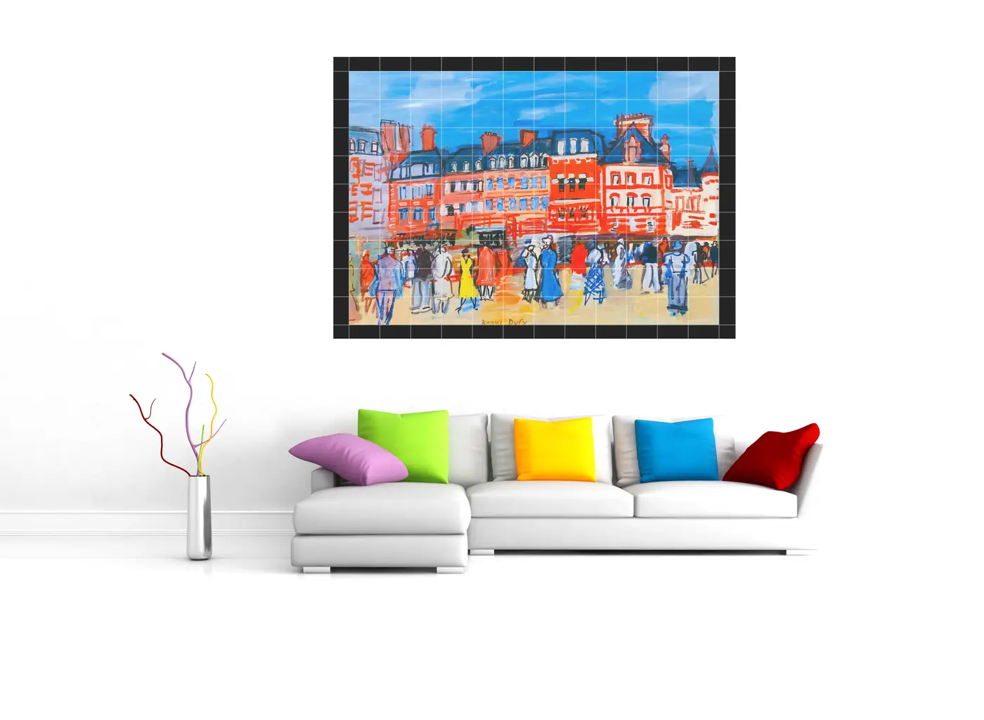 Seaside promenade mural in a living room