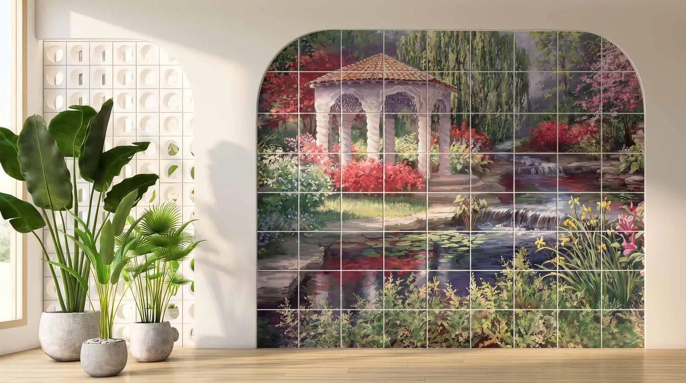 Garden gazebo tile mural set in an arched wall niche