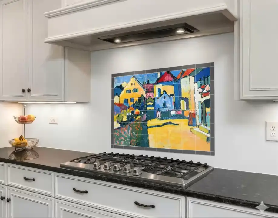 Kandinsky village tile mural as a kitchen backsplash