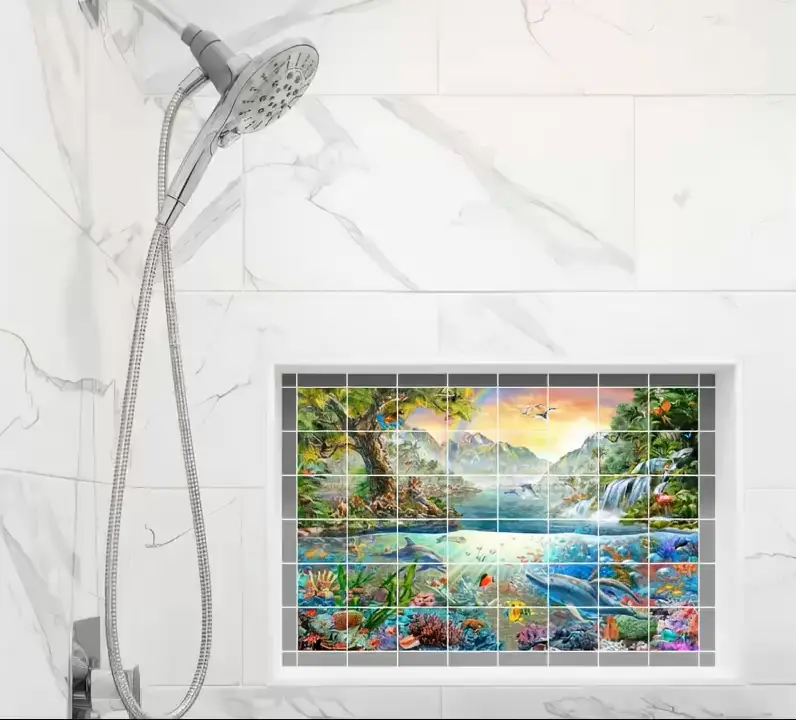 Tropical waterfall tile mural in a shower niche
